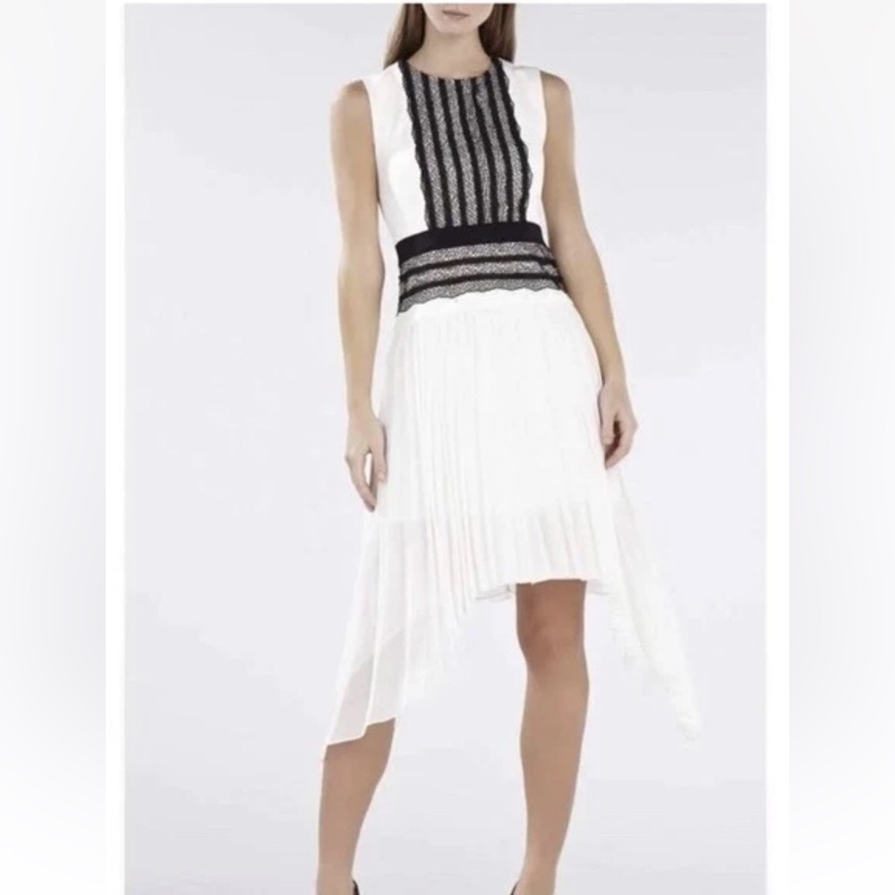 BCBGMaxAzria White and Black Asymmetrical pleated cocktail/ wedding Dress 0